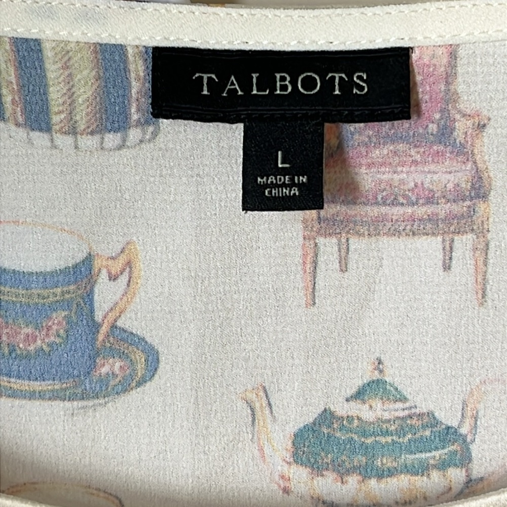 Talbots Bridgerton Print Blouse Size L Long Sleeves Teapots Cups - Picture 11 of 15